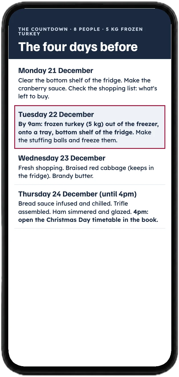 A page of The Countdown with the four days before Christmas Eve, on a phone
