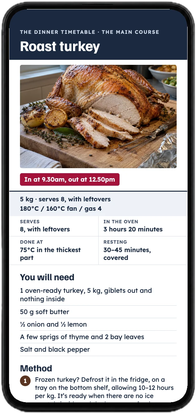 The roast turkey recipe in the book, on a phone
